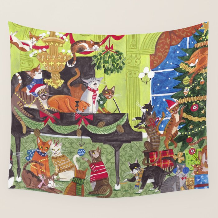 Christmas Cats playing Piano Wall Tapestry Gallery Image 1
