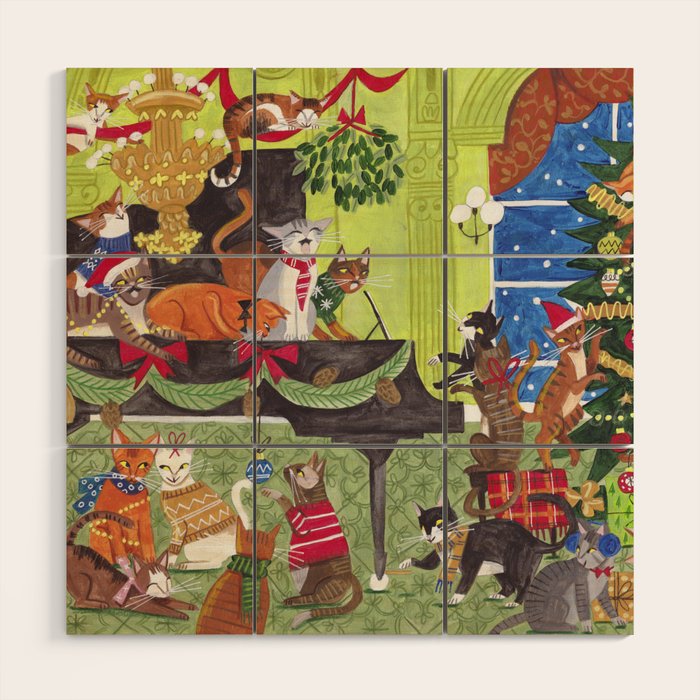 Christmas Cats playing Piano Wood Wall Art Gallery Image 1