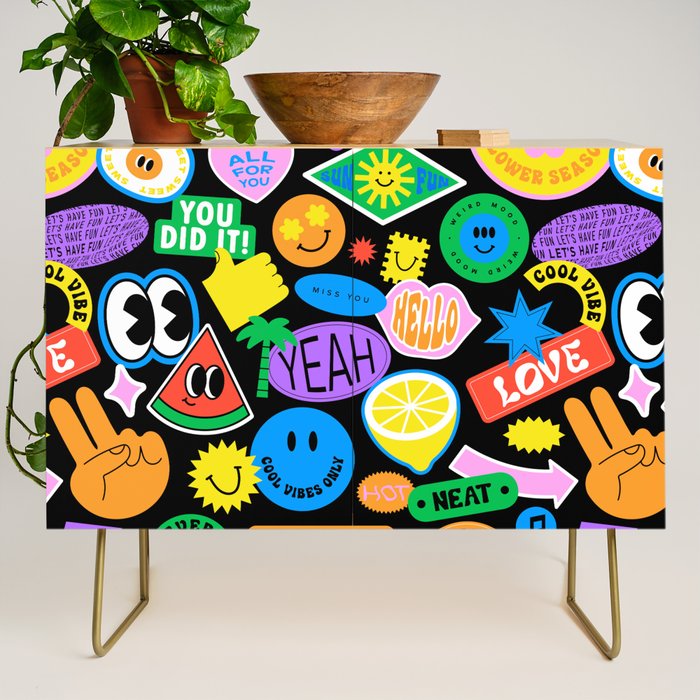 Retro cartoon sticker pattern Credenza Gallery Image 1
