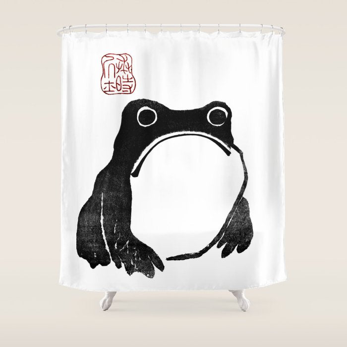 Cute Grumpy Frog Vintage Japanese Woodblock Print Shower Curtain Gallery Image 1
