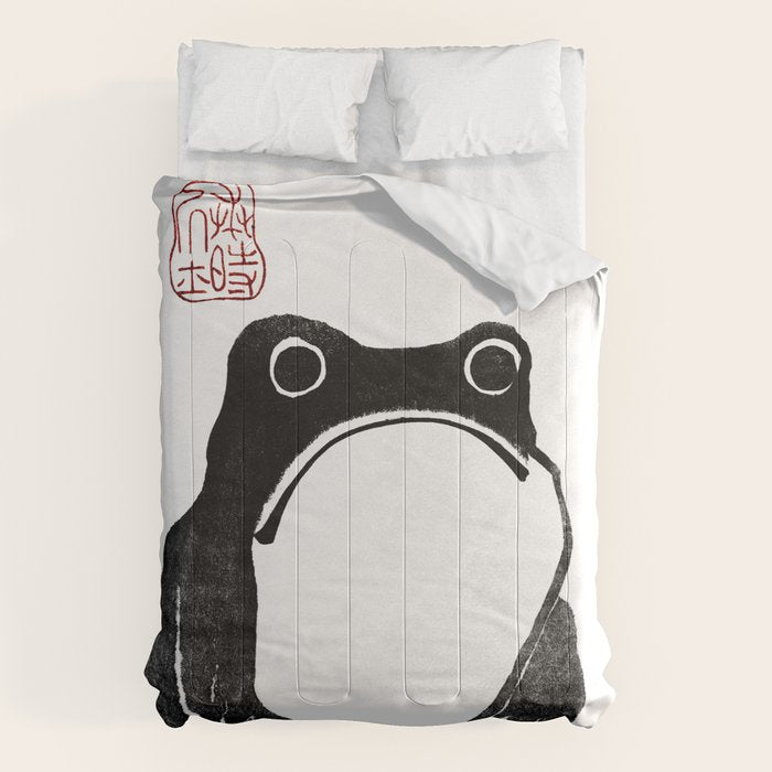 Cute Grumpy Frog Vintage Japanese Woodblock Print Comforter Gallery Image 6