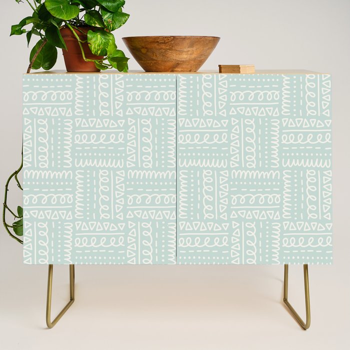 Mudcloth Doodle Squares . Soft Aqua Credenza Gallery Image 1