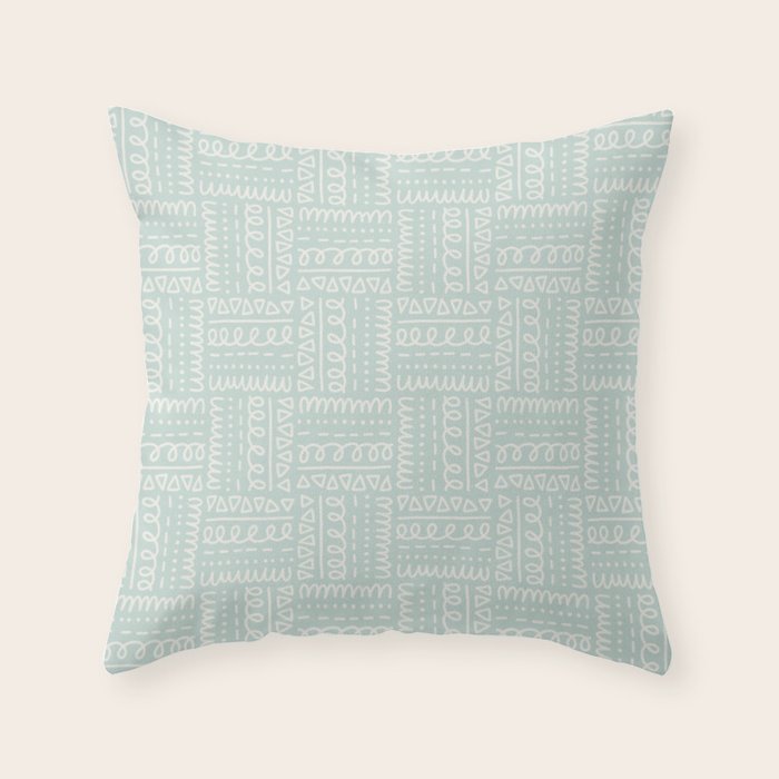 Mudcloth Doodle Squares . Soft Aqua Throw Pillow Gallery Image 6