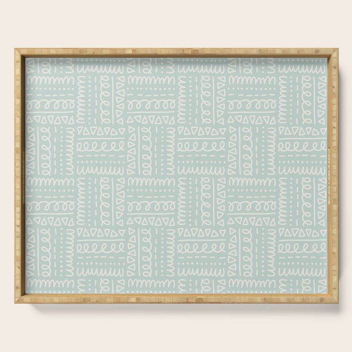 Mudcloth Doodle Squares . Soft Aqua Serving Tray Gallery Image 1
