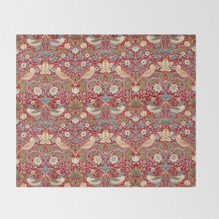 William Morris Vintage Strawberry Thief Red Pattern Throw Blanket Gallery Image 2