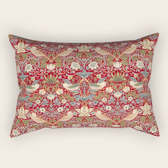 William Morris Vintage Strawberry Thief Red Pattern Rectangular Pillow Gallery Image 1