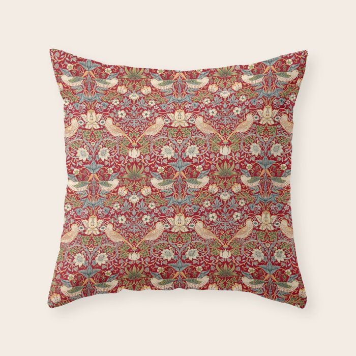 William Morris Vintage Strawberry Thief Red Pattern Throw Pillow Gallery Image 1