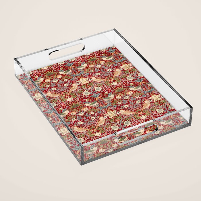 William Morris Vintage Strawberry Thief Red Pattern Acrylic Tray Gallery Image 1