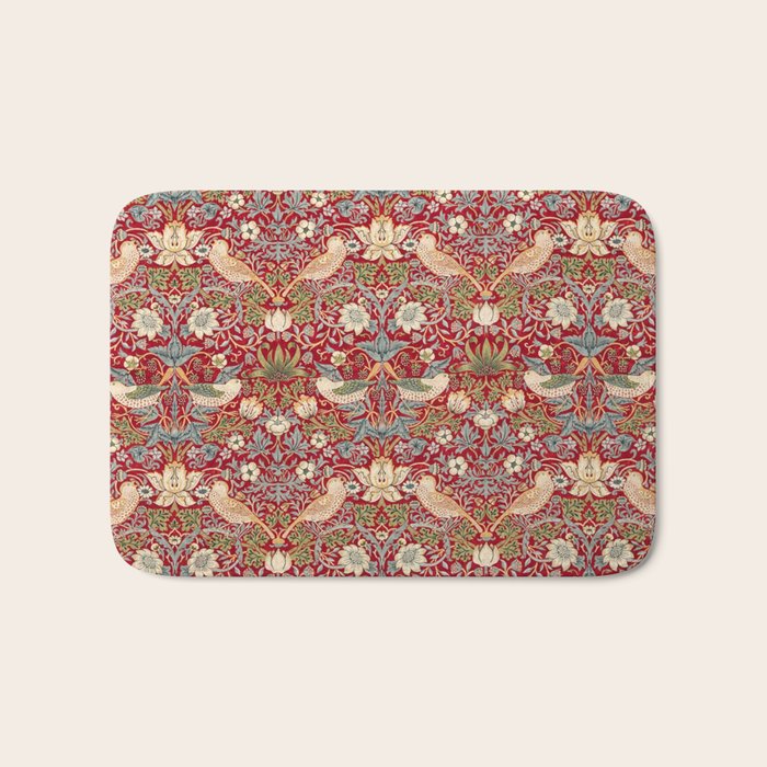 William Morris Vintage Strawberry Thief Red Pattern Bath Mat Gallery Image 1