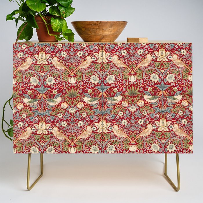 William Morris Vintage Strawberry Thief Red Pattern Credenza Gallery Image 1