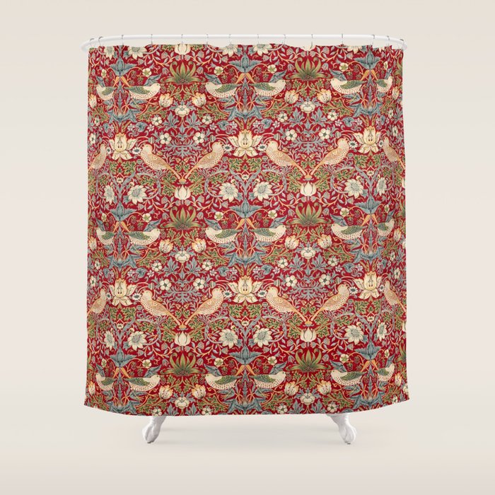 William Morris Vintage Strawberry Thief Red Pattern Shower Curtain Gallery Image 1