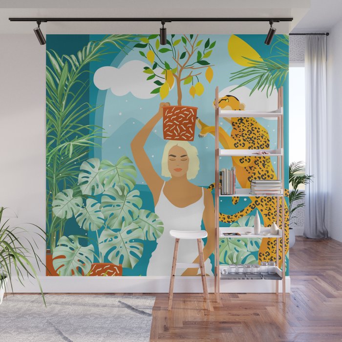 Bring The Jungle Home Illustration, Tropical Cheetah Wild Cat & Woman Painting Wall Mural Gallery Image 1