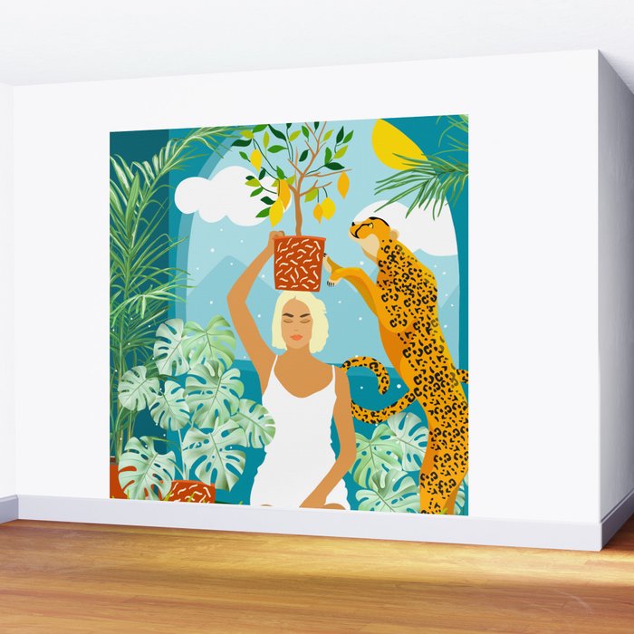 Bring The Jungle Home Illustration, Tropical Cheetah Wild Cat & Woman Painting Wall Mural Gallery Image 2