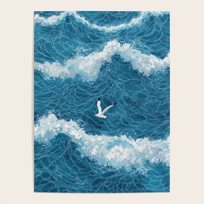 Japanese Art Bird Art Navy Blue Wall Art Japandi Poster Mid century Ocean Wall art Wabi Sabi Print Poster Gallery Image 1