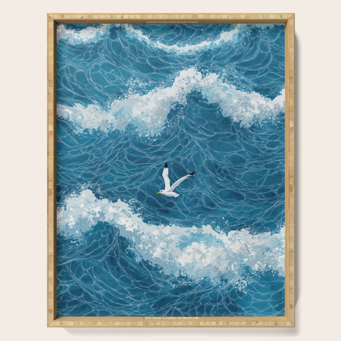 Japanese Art Bird Art Navy Blue Wall Art Japandi Poster Mid century Ocean Wall art Wabi Sabi Print Serving Tray Gallery Image 1