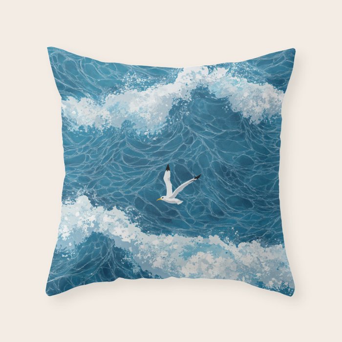 Japanese Art Bird Art Navy Blue Wall Art Japandi Poster Mid century Ocean Wall art Wabi Sabi Print Throw Pillow Gallery Image 6