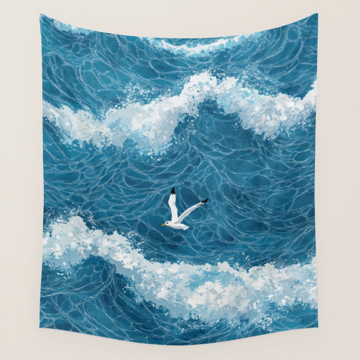 Japanese Art Bird Art Navy Blue Wall Art Japandi Poster Mid century Ocean Wall art Wabi Sabi Print Wall Tapestry Gallery Image 1