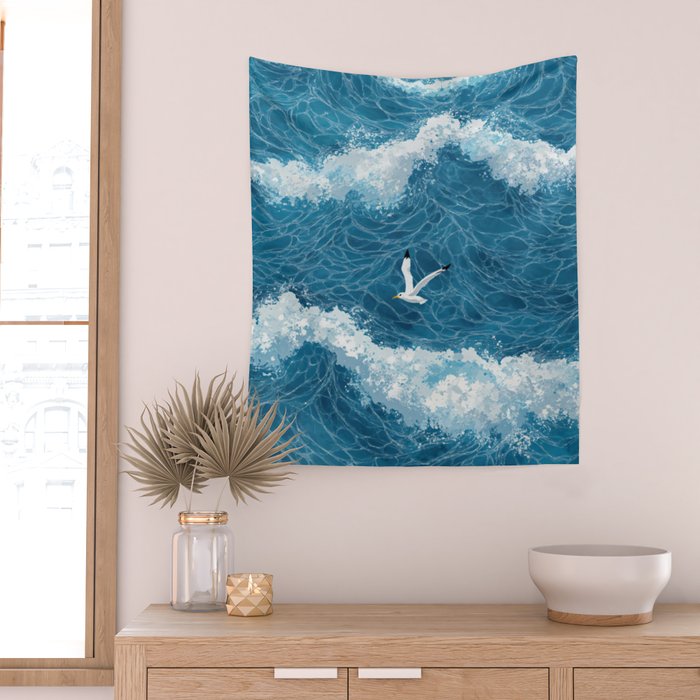 Japanese Art Bird Art Navy Blue Wall Art Japandi Poster Mid century Ocean Wall art Wabi Sabi Print Wall Tapestry Gallery Image 2