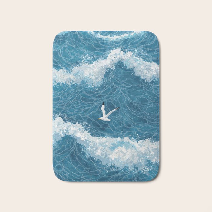 Japanese Art Bird Art Navy Blue Wall Art Japandi Poster Mid century Ocean Wall art Wabi Sabi Print Bath Mat Gallery Image 1