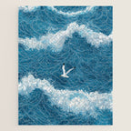 Japanese Art Bird Art Navy Blue Wall Art Japandi Poster Mid century Ocean Wall art Wabi Sabi Print Jigsaw Puzzle Gallery Image 1