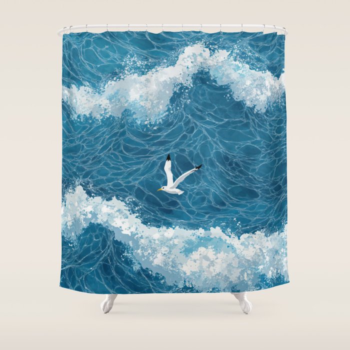 Japanese Art Bird Art Navy Blue Wall Art Japandi Poster Mid century Ocean Wall art Wabi Sabi Print Shower Curtain Gallery Image 1