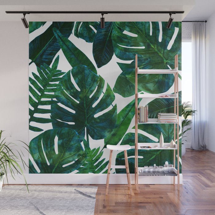 Tropical Nature Monstera Watercolor Painting, Botanical Jungle Dark Palm Illustration Wall Mural Gallery Image 1