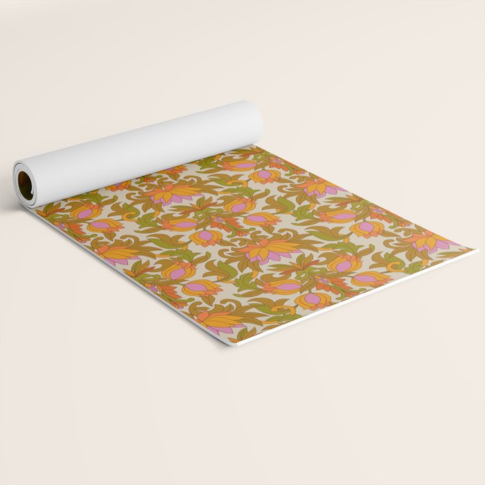 Orange, Pink Flowers and Green Leaves 1960s Retro Vintage Pattern Yoga Mat Gallery Image 2