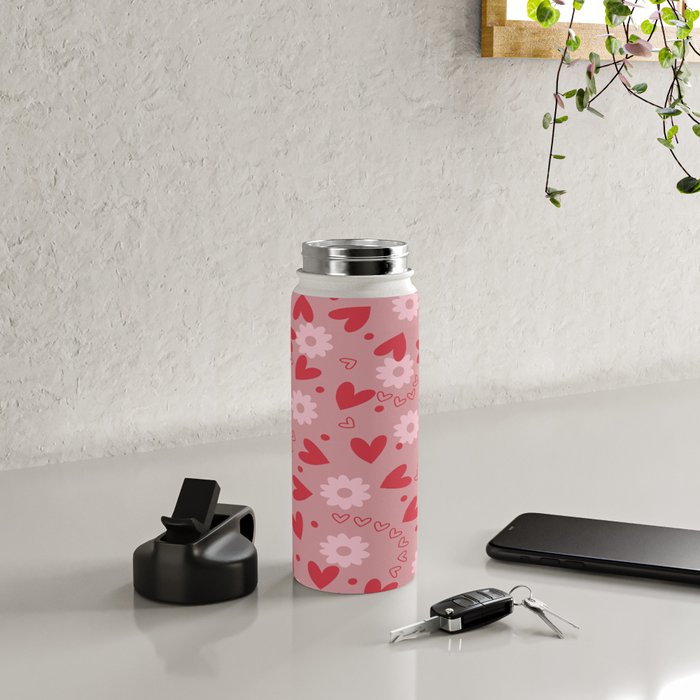 Hearts and Flowers on Tea Rose Pink Water Bottle Gallery Image 4