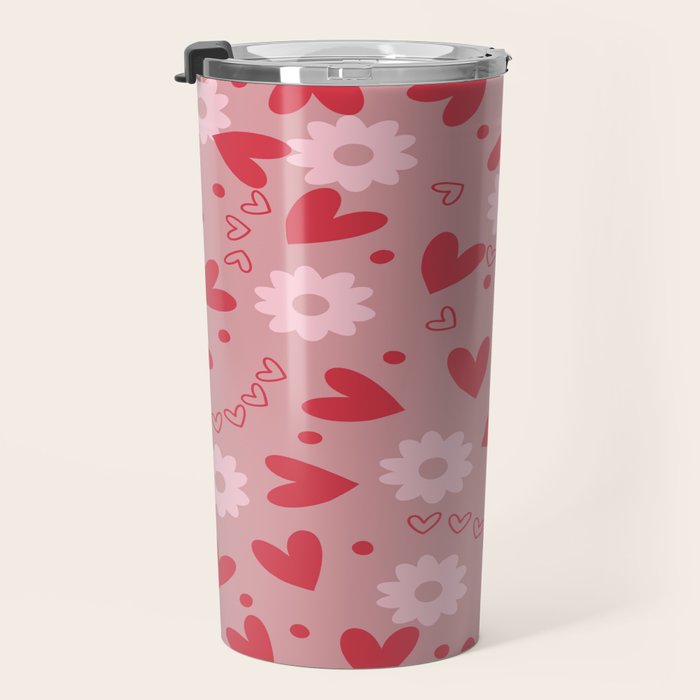 Hearts and Flowers on Tea Rose Pink Travel Mug Gallery Image 3
