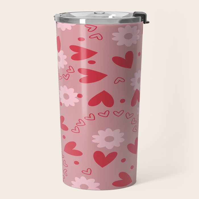 Hearts and Flowers on Tea Rose Pink Travel Mug Gallery Image 2