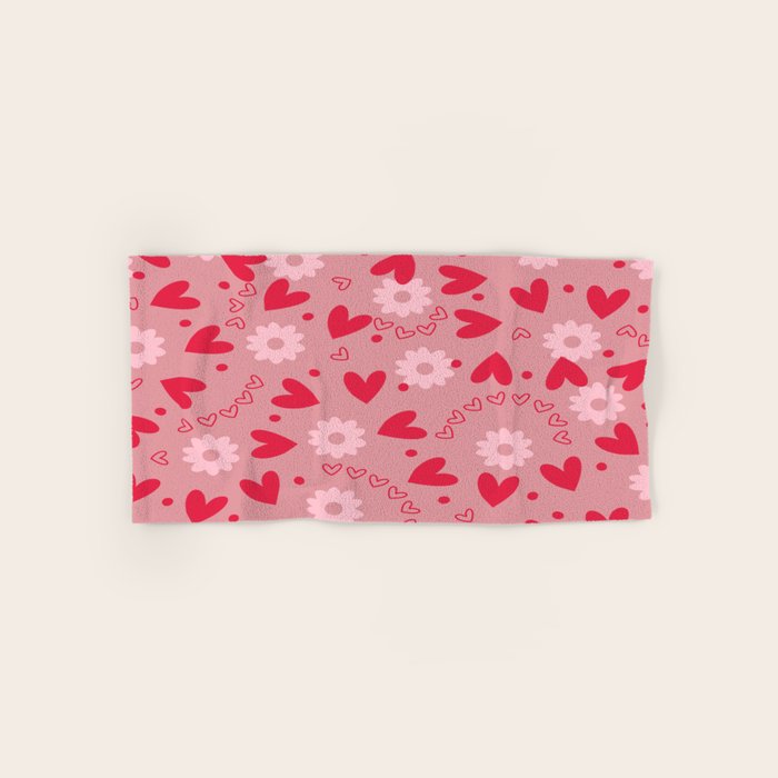 Hearts and Flowers on Tea Rose Pink Bath Towel Gallery Image 1