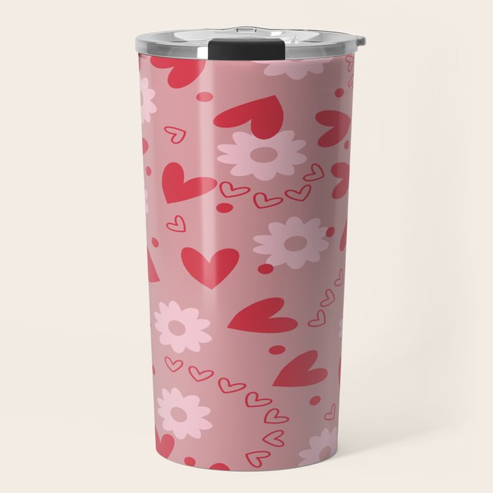 Hearts and Flowers on Tea Rose Pink Travel Mug Gallery Image 1