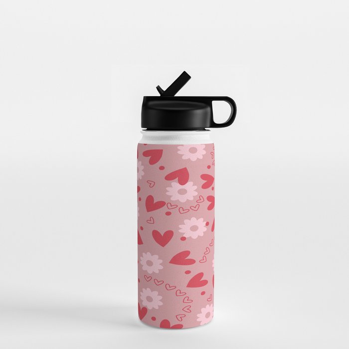 Hearts and Flowers on Tea Rose Pink Water Bottle Gallery Image 1