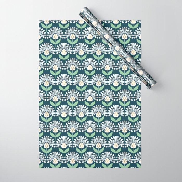 Modern mid century retro flower blue Wrapping Paper Gallery Image 1