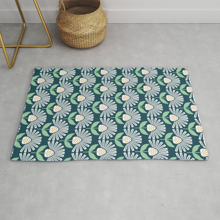 Modern mid century retro flower blue Rug Gallery Image 1