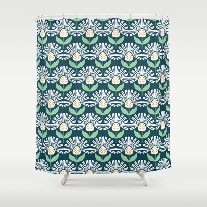 Modern mid century retro flower blue Shower Curtain Gallery Image 1