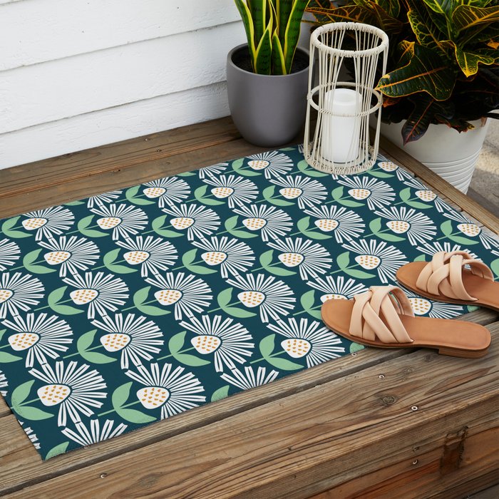 Modern mid century retro flower blue Outdoor Rug Gallery Image 2