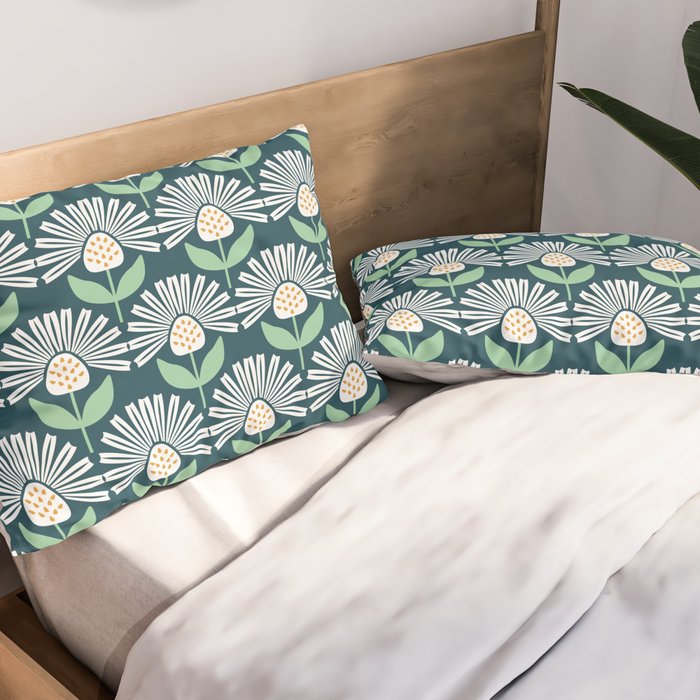 Modern mid century retro flower blue Pillow Sham Gallery Image 2