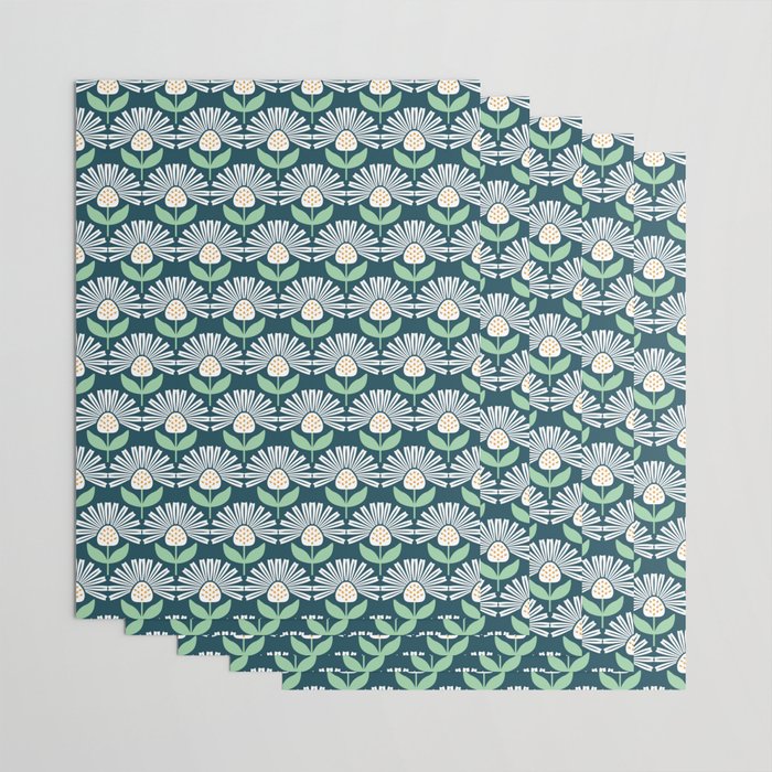 Modern mid century retro flower blue Wrapping Paper Gallery Image 3