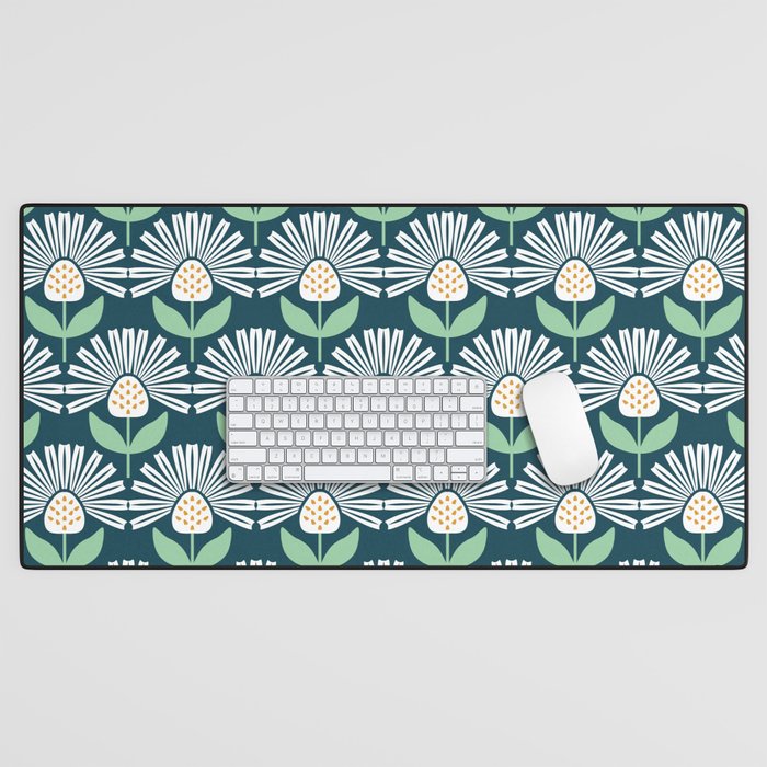 Modern mid century retro flower blue Desk Mat Gallery Image 1