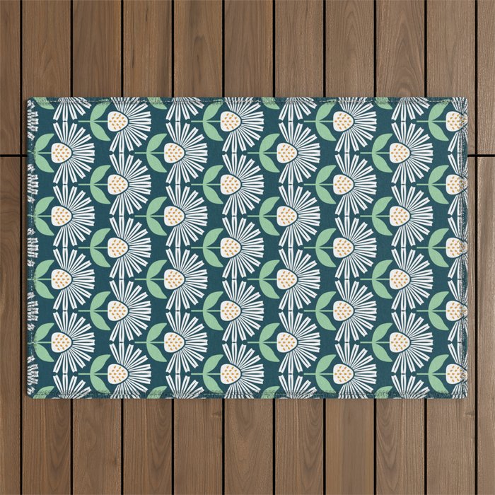 Modern mid century retro flower blue Outdoor Rug Gallery Image 1
