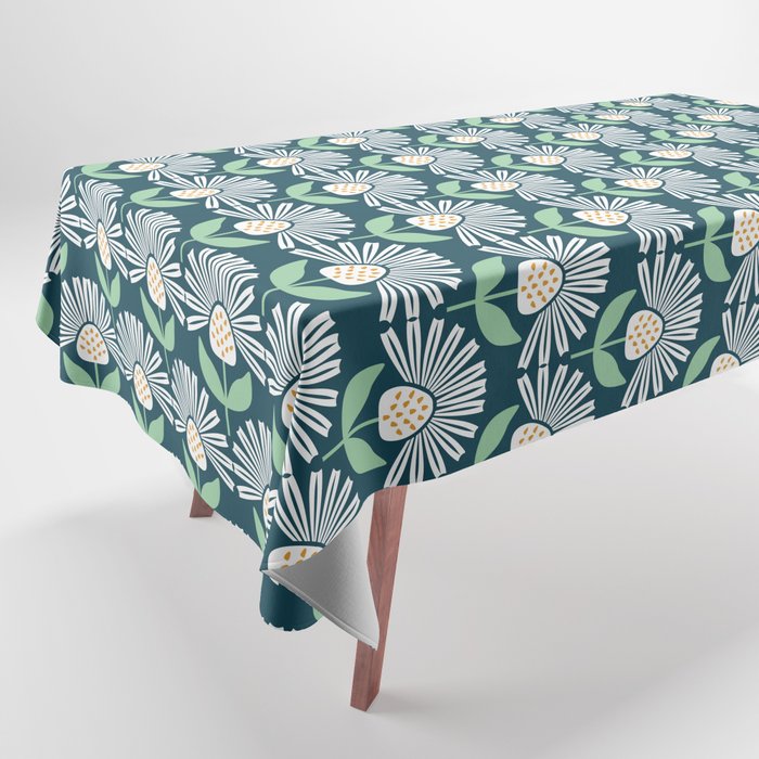 Modern mid century retro flower blue Tablecloth Gallery Image 1
