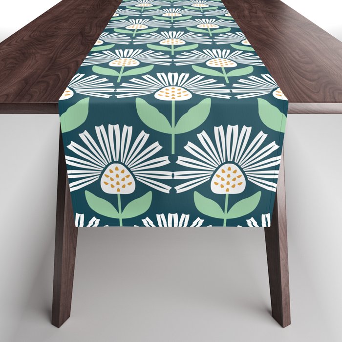Modern mid century retro flower blue Table Runner Gallery Image 1