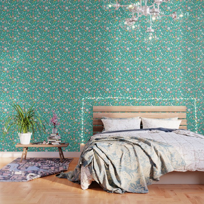 Dinosaurs + Unicorns on Teal Wallpaper Gallery Image 3