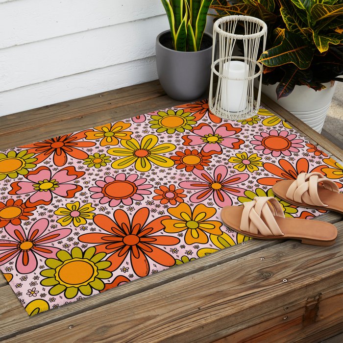Groovy Flowers in Pink Outdoor Rug Gallery Image 2