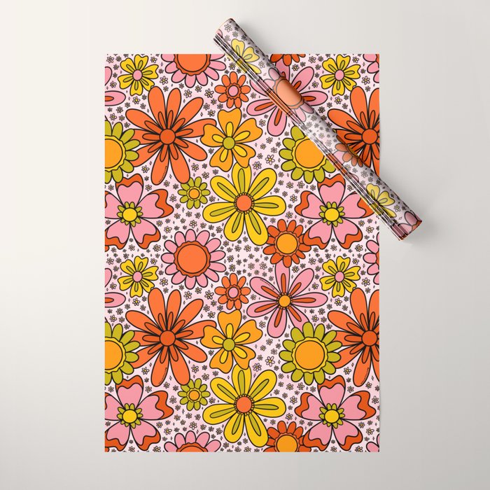 Groovy Flowers in Pink Wrapping Paper Gallery Image 1