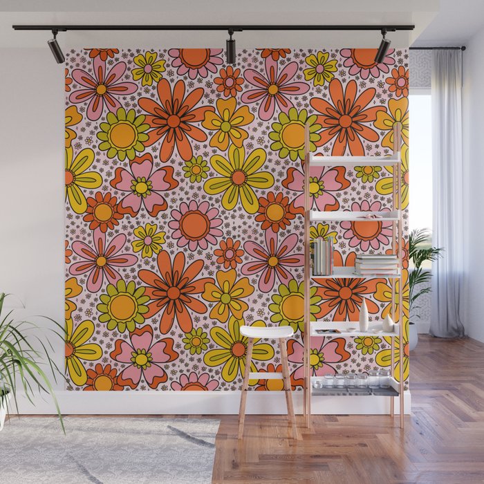 Groovy Flowers in Pink Wall Mural Gallery Image 1