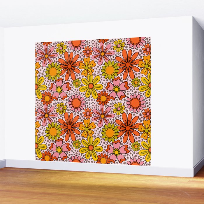 Groovy Flowers in Pink Wall Mural Gallery Image 2
