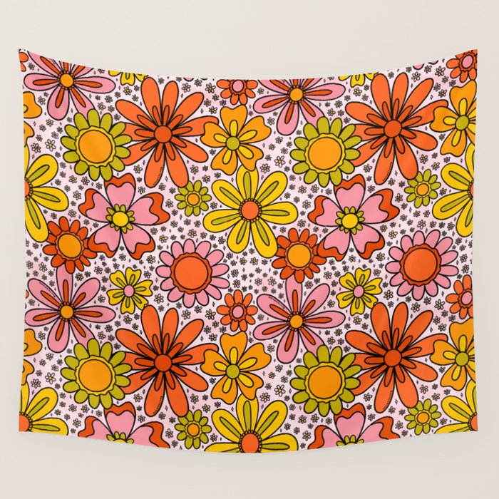 Groovy Flowers in Pink Wall Tapestry Gallery Image 4
