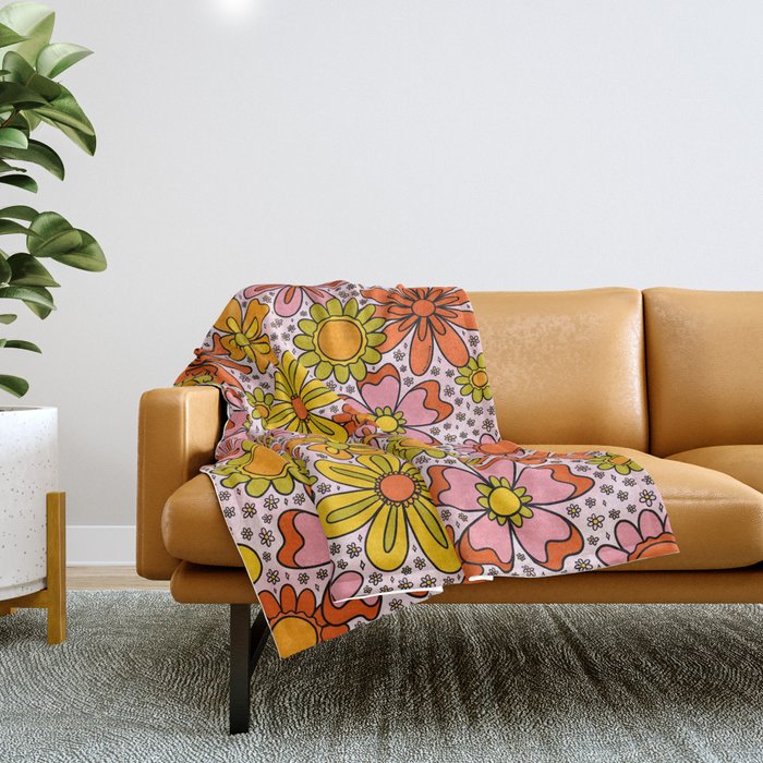 Groovy Flowers in Pink Throw Blanket Gallery Image 1